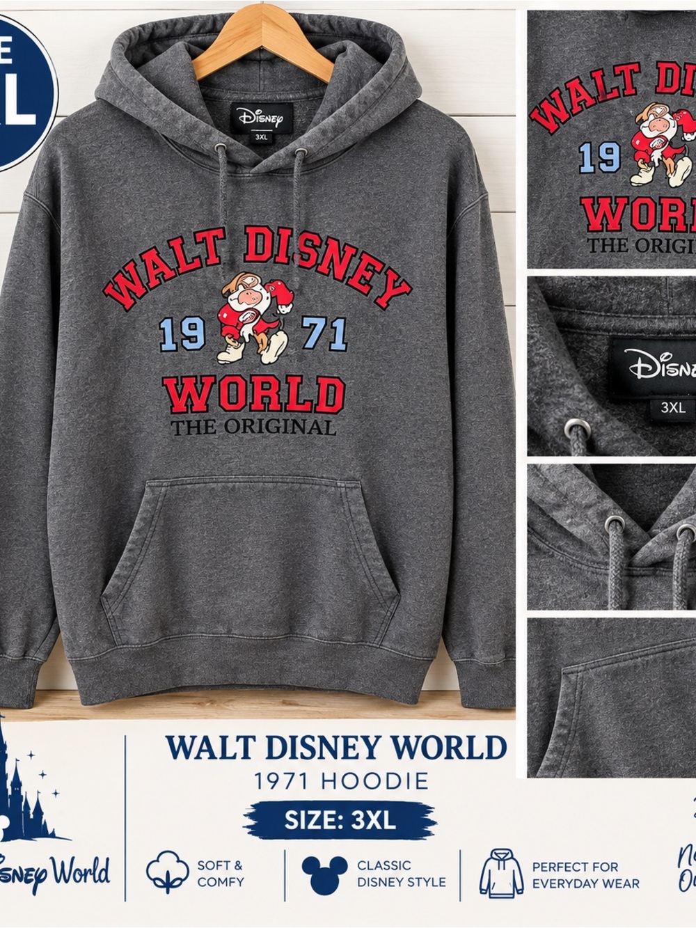 2XL/3XL Disney Men's Charcoal Gray Walt Disney World 1971 Zip-Up Hoodie